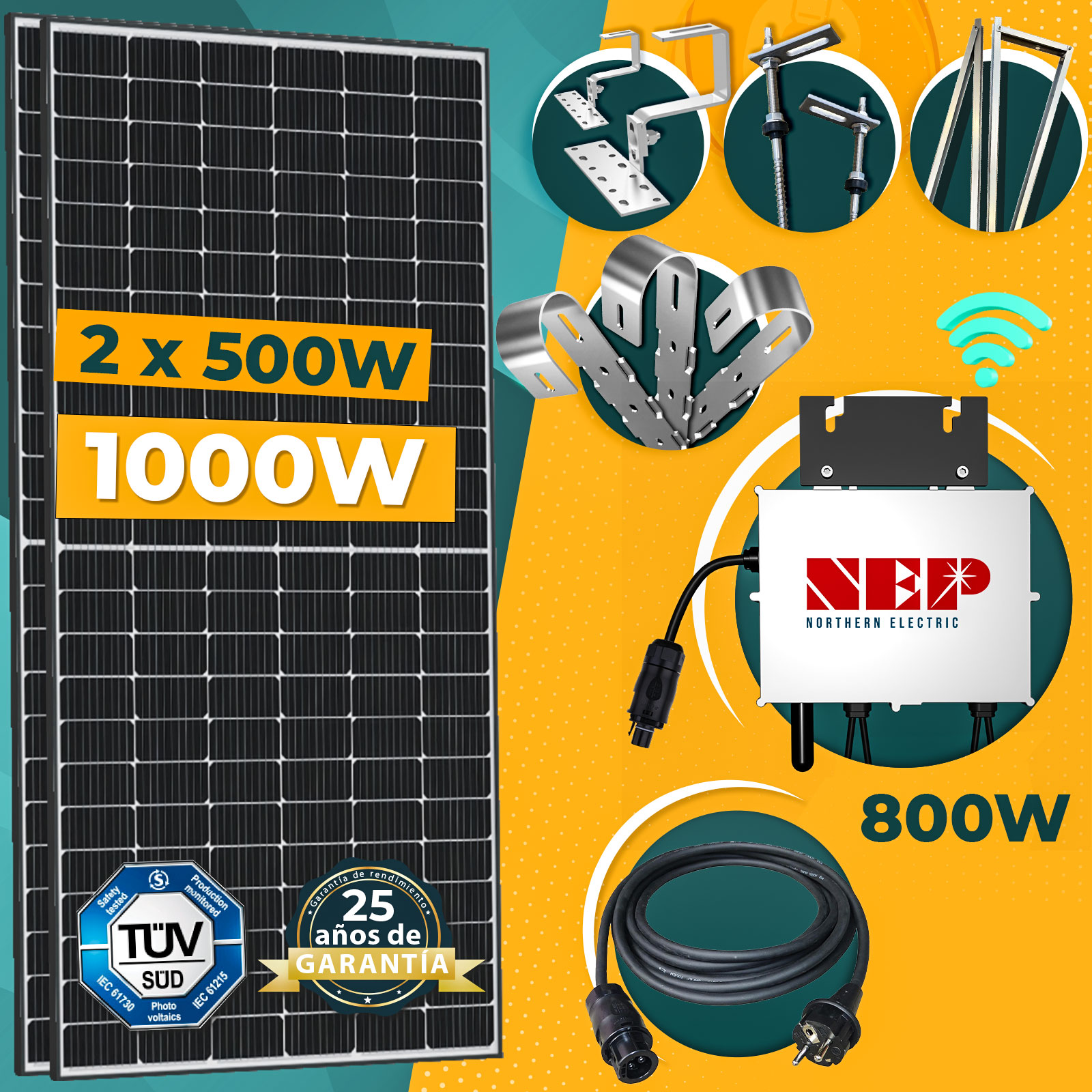 Kit Solar Fotovoltaico Híbrido 1000W para generación eléctrica.